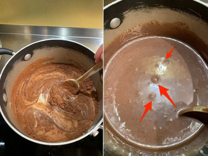 Mix all the frosting ingredients into a saucepan on a low heat. When you see bubbles, switch it off.