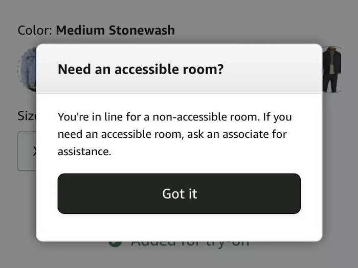 The Amazon app asked me if I needed an accessible fitting room and what gender clothing I most wore.