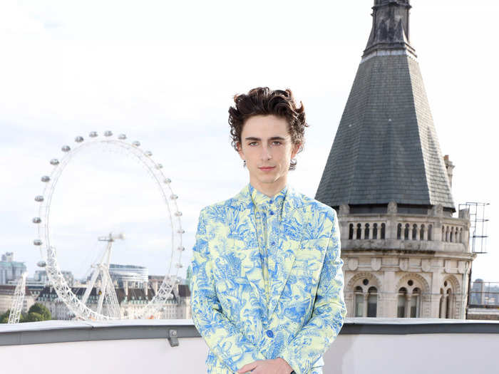 He attended a photo-call ahead of the premiere of "Dune" in this blue patterned suit and matching shirt in October 2021.