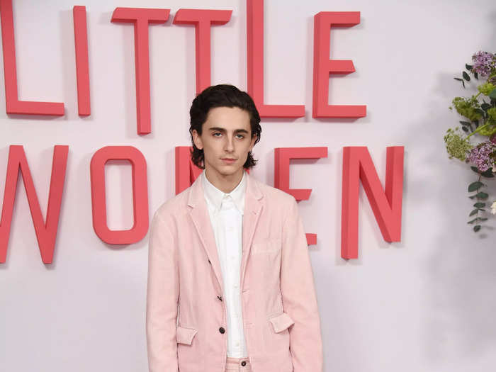 Proving that real men wear pink, Chalamet wore this pastel-pink corduroy suit at the London premiere of "Little Women" on December 16.