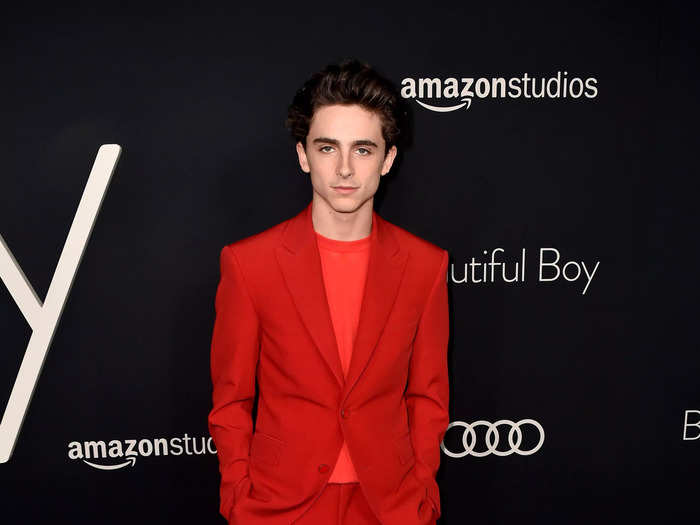 He put a twist on the monochrome trend with this slightly mismatched red suit and lighter red T-shirt at another "Beautiful Boy" premiere in October.