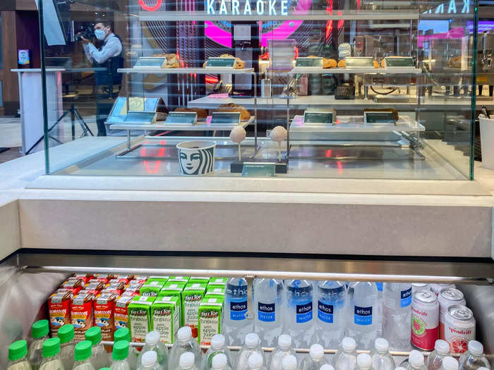 ... and a pastry case with bottled and canned drinks below.