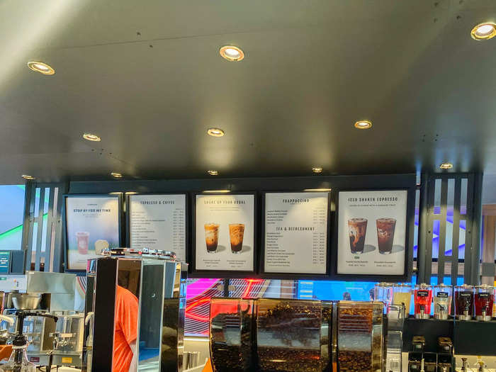 The menu includes cold brew, espresso drinks, Frappuccinos, and Refreshers. Grande is the only size offered, as opposed to the standard Tall or Venti options.