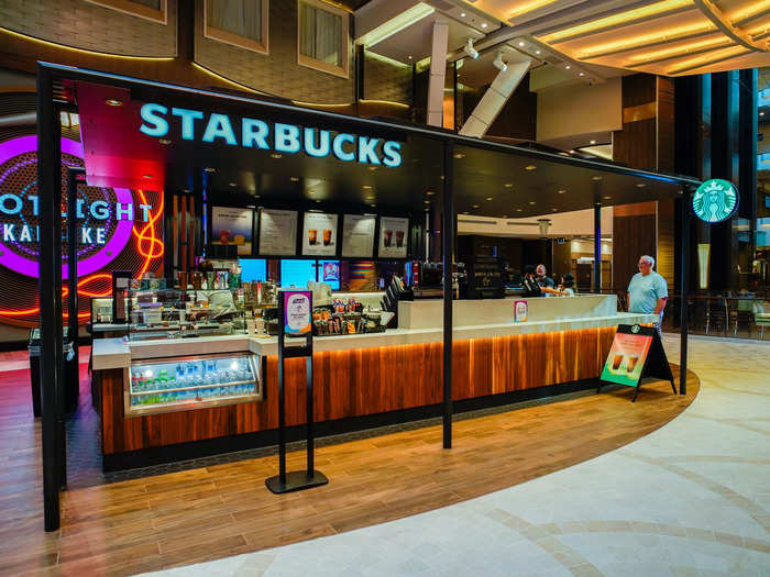 The Starbucks outpost is a stand-alone kiosk serving an abridged version of the regular menu you