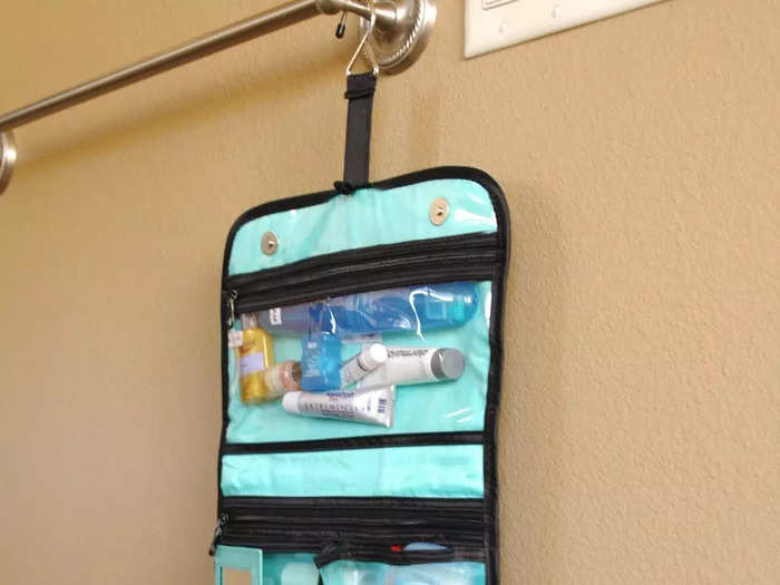 Little counter space makes a hanging toiletry bag essential.