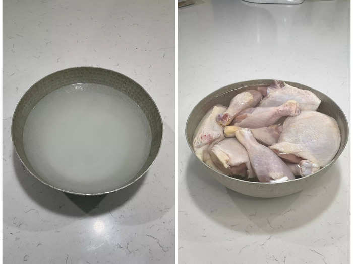 Brine the chicken thighs and drumsticks in eight cups of water and one cup of salt.