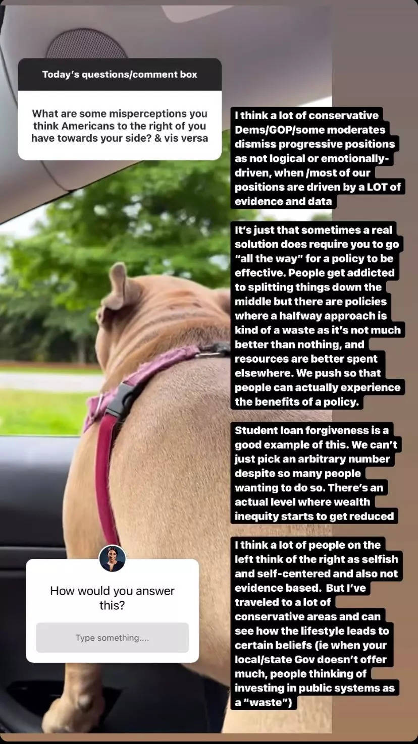 AOC responding to a question on her Instagram story