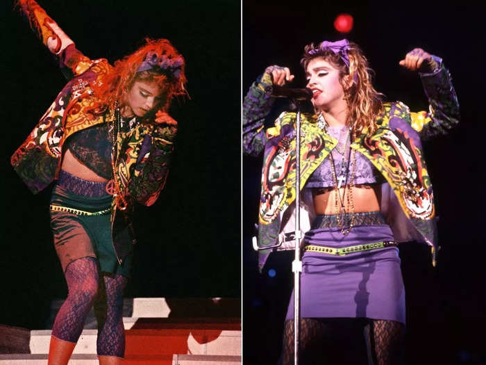 Madonna was the epitome of 1980s fashion with this colorful ensemble worn during her "Virgin Tour" in 1985.