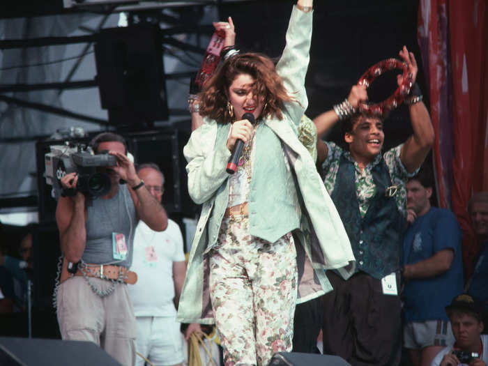 Madonna showed off her love of androgynous fashion with this outfit worn at the Live Aid benefit concert in 1985.