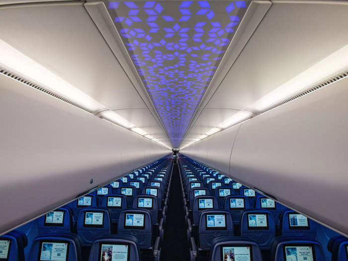 The attractive ambient lighting extends through the whole cabin, which consists of 20 first-class, 42 Comfort+, and 132 economy seats for a total of 194.