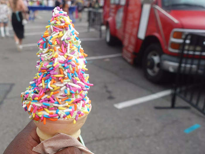 This chocolate vanilla swirl cone was $10.40, and the rainbow sprinkles were an extra $1.04.