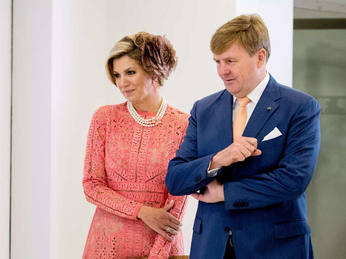 Queen Maxima of The Netherlands paired the dress with strands of pearls in October 2017.
