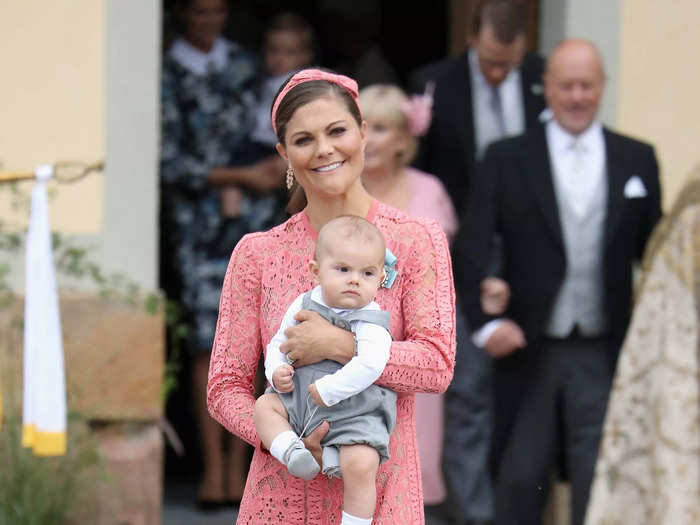 Crown Princess Victoria of Sweden wore this peach Ellie Saab dress with a matching headband in September 2016.