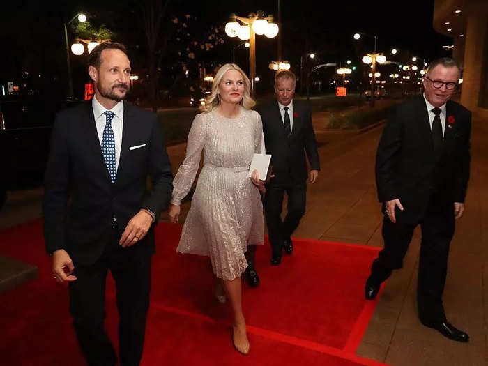 Crown Princess Mette-Marit of Norway chose a sparkly Erdem dress for an event in November 2016.