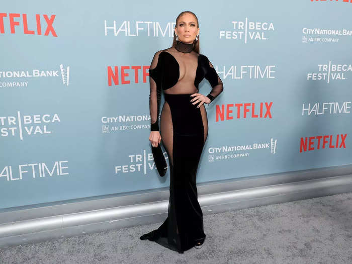 Jennifer Lopez turned heads in a sheer dress at the "Halftime" premiere.
