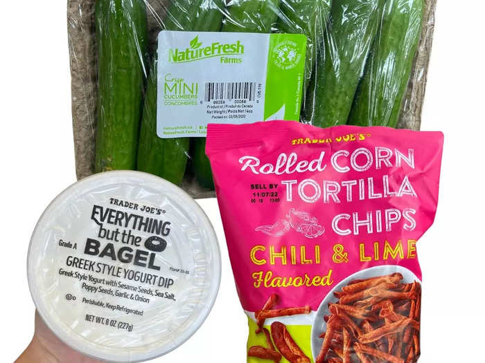 Combine salty, spicy, and refreshing flavors with veggies, chips, and dip.