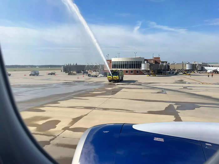 We pushed back from the gate about 10 minutes late, but we were able to make up time in the air to get to San Francisco on schedule. On the taxi out, we got a water salute from the airport, which was a unique experience.