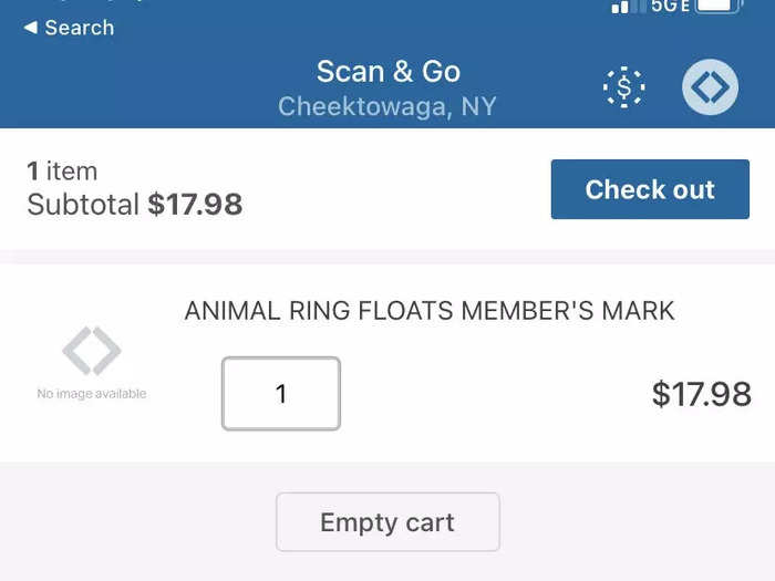 The turtle toy was immediately viewable in the app as part of my cart, where I had the option to remove it or scan more items.