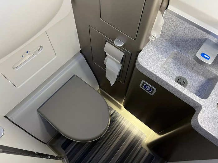 There are three lavatories onboard the A220 — two in the back and one in the front.