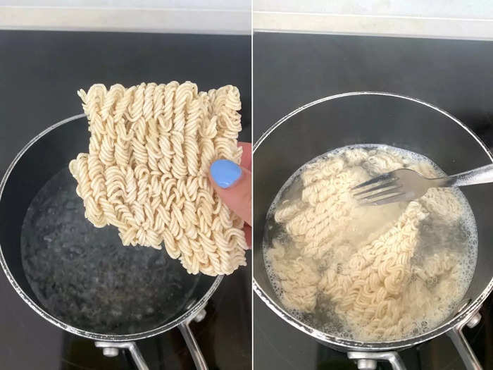 When my water reached a rolling boil, I added the dried noodles and cooked them for three minutes.