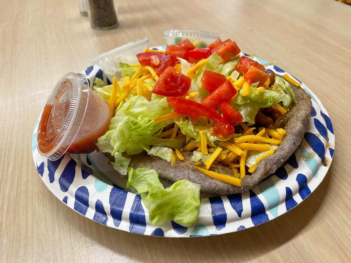 Fry bread is used as the base for Navajo tacos, which I ordered at Navajo Hogan.