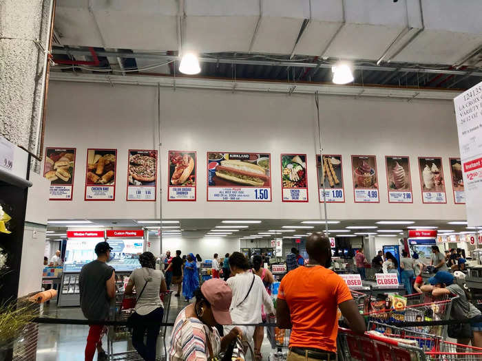 Just past the checkout lanes, the food court sells food and drinks, including the famous $1.50 hot dog and soda combo deal.