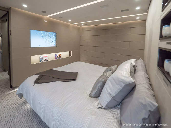 Meanwhile, the bedroom features a TV and closet space.