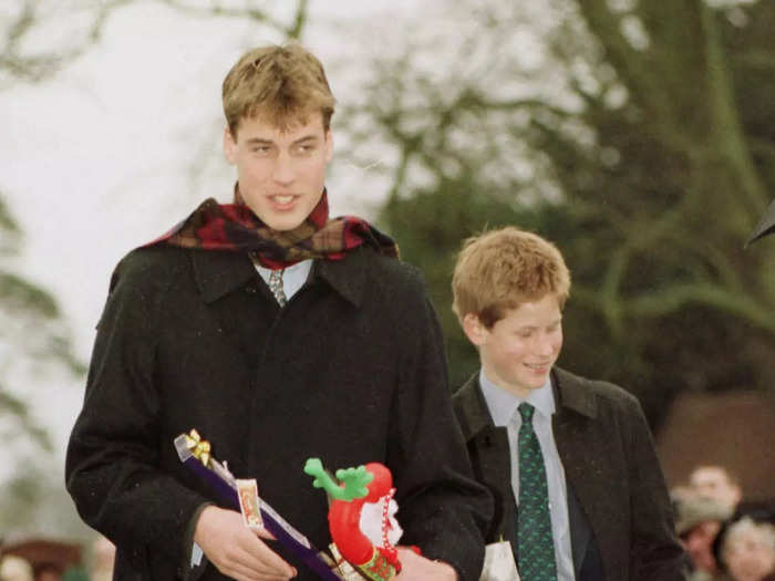 1998: The following year, Harry joined William at Eton. In this picture, the brothers collected gifts from well-wishers during their Christmas Break at Balmoral.