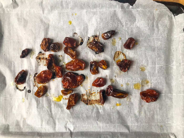 After the tomatoes are candied, they should look shriveled but still colorful.