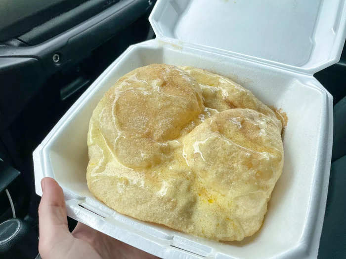 I walked away full and planning to save my dessert fry bread for later. Then, I accidentally consumed the entire thing in the front seat of my car.