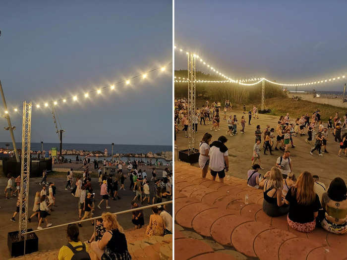 Between performances, people would sit on these steps beneath fairy lights and enjoy views of the sea, as well as food and drinks from nearby stalls.