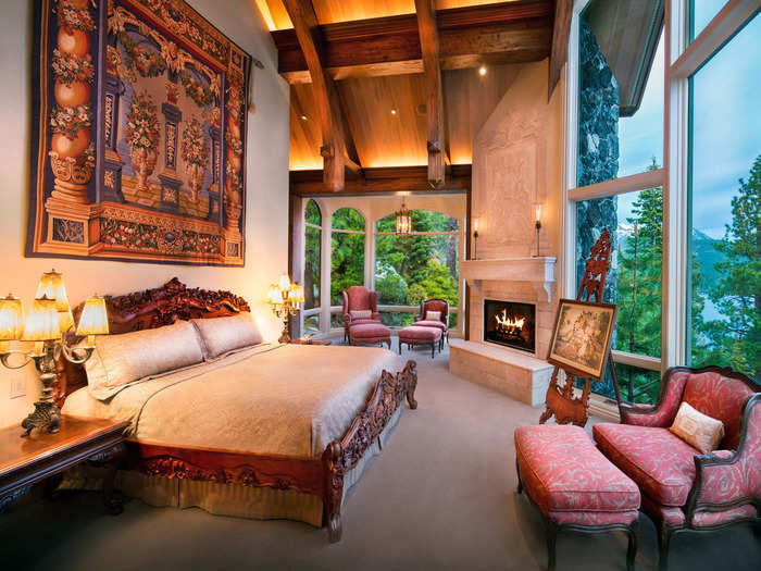 The mansion has six bedrooms. The master suite comes with arched wooden ceilings and a custom-made fireplace.