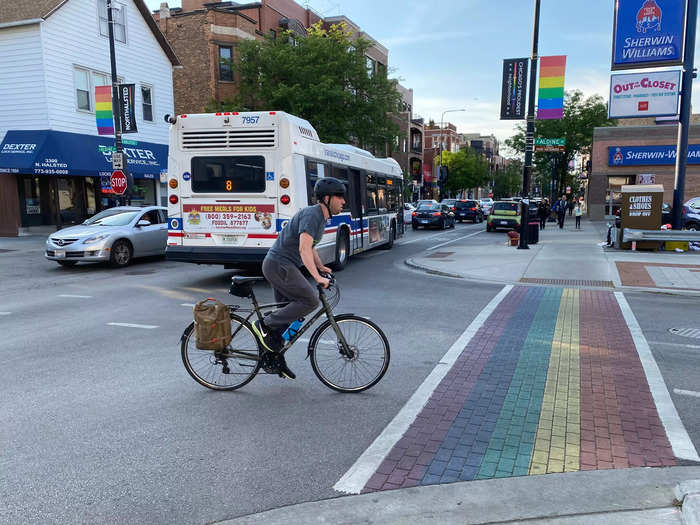 The neighborhood and bars I passed were mostly quiet, so the rainbow crosswalk really stood out.