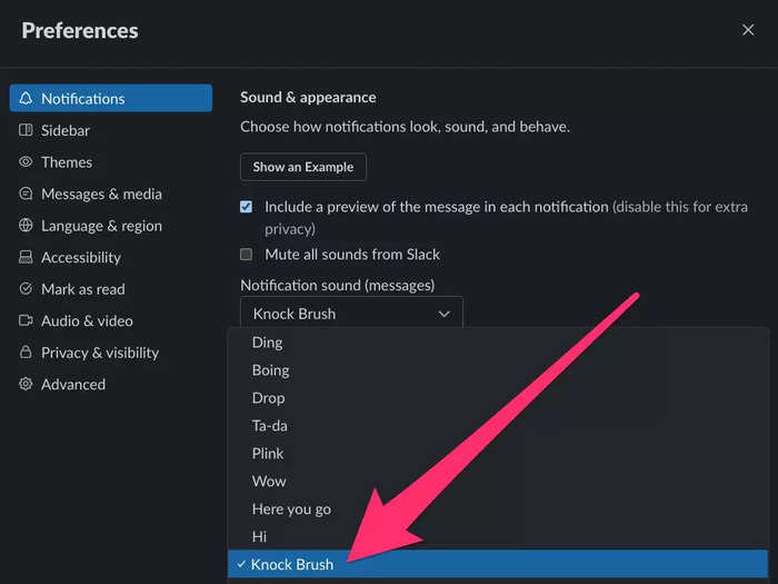 The default Slack noise is called "Knock Brush." There is a range of other, generic notification sounds to choose from including "Wow" and "Ta-Da".