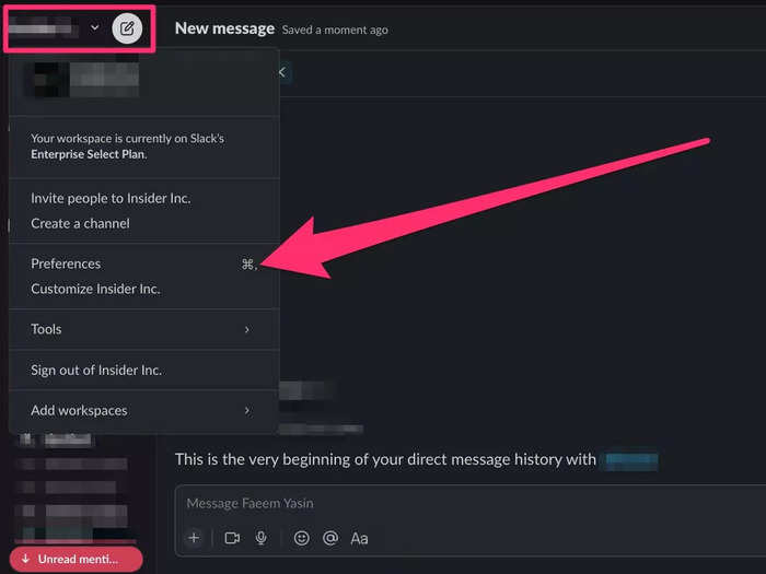 Open up Slack and click on the drop-down menu in the upper-left corner. From there, select "preferences."