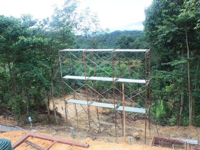 Construction began with piling to strengthen the jungle soil that forms the foundation of her home. It took two dozen volunteers to put up the scaffolding.