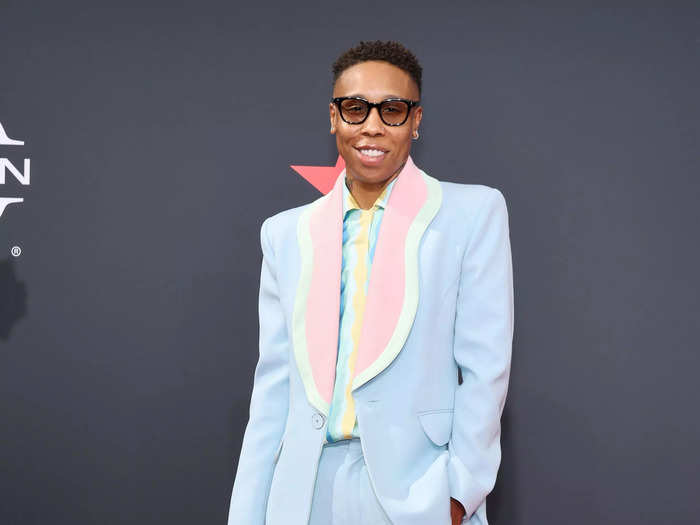 Actress Lena Waithe arrived on the red carpet in a unique colorful pastel suit.