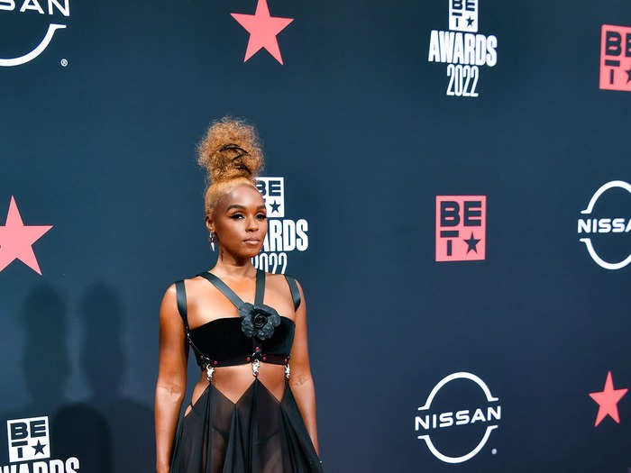 Janelle Monáe looked timeless in a black velvet bralette with a sheer skirt attached to it.