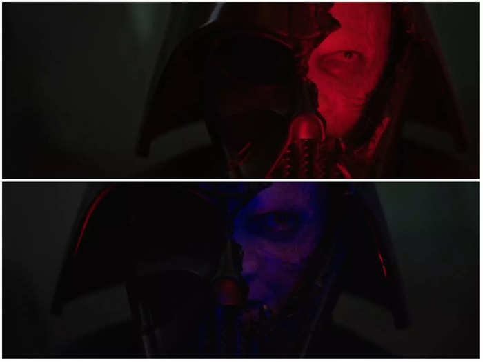 The blue and red light change on Anakin