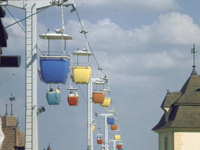 The Skyway transported guests above Magic Kingdom but was eventually demolished. Similar transportation operates in the parks today.