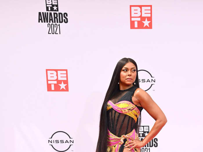 Taraji P. Henson arrived at the 2021 BET Awards in an Atelier Versace gown.