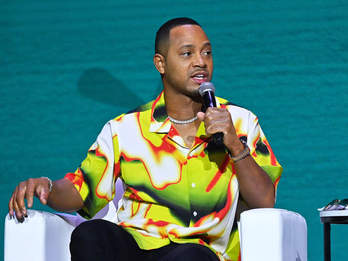 Terrence J spoke during the festival in a groovy patterned top.