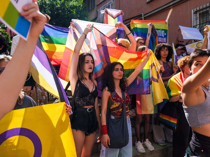 On June 26, participants marched with rainbow flags for the Pride parade in Istanbul, Turkey.