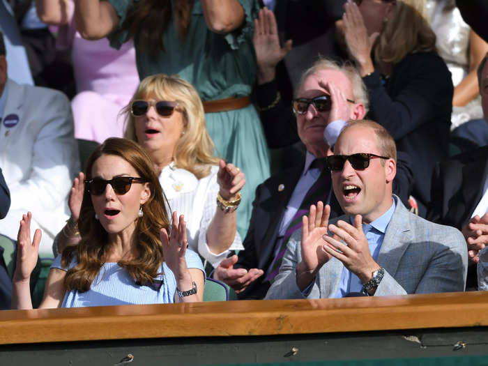 Middleton and William appear to be in shock and about to clap while they watch a match at Wimbledon in 2019.