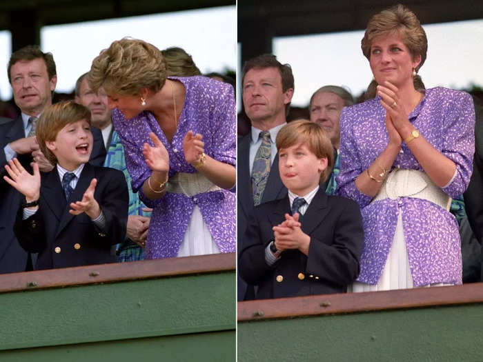 Three years later, Diana takes a young Prince William to Wimbledon, who sticks out his tongue while cheering alongside his mother.