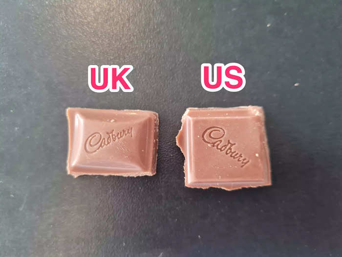 The US chocolate bar had "Cadbury" inscribed on it, just like the UK one. But the shape of each was different.