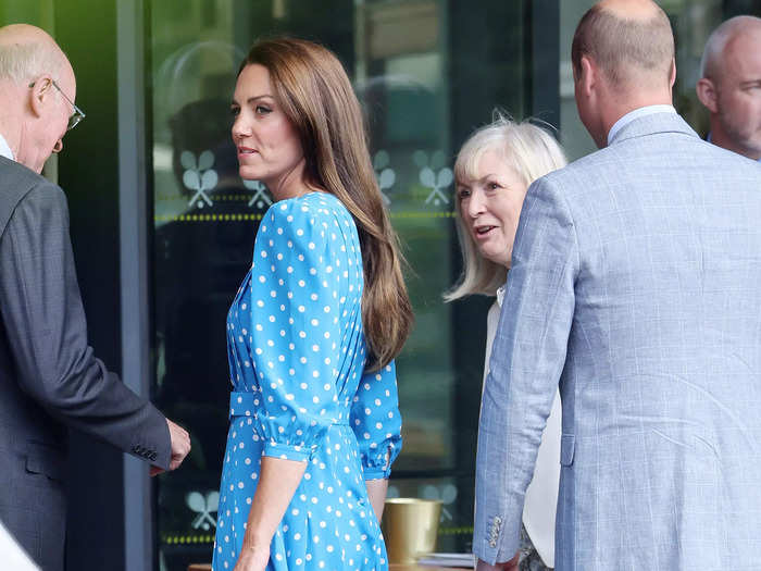 2022: At her most recent Wimbledon appearance, Middleton wore a blue and white polka-dot dress by Alessandra Rich. The dress, which had puffed sleeves, was paired with a white clutch bag and matching heels.