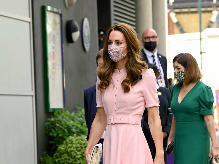 2021: The duchess looked striking in a blush-pink belted dress by Beulah London. The dress retails at £695, or around $835.