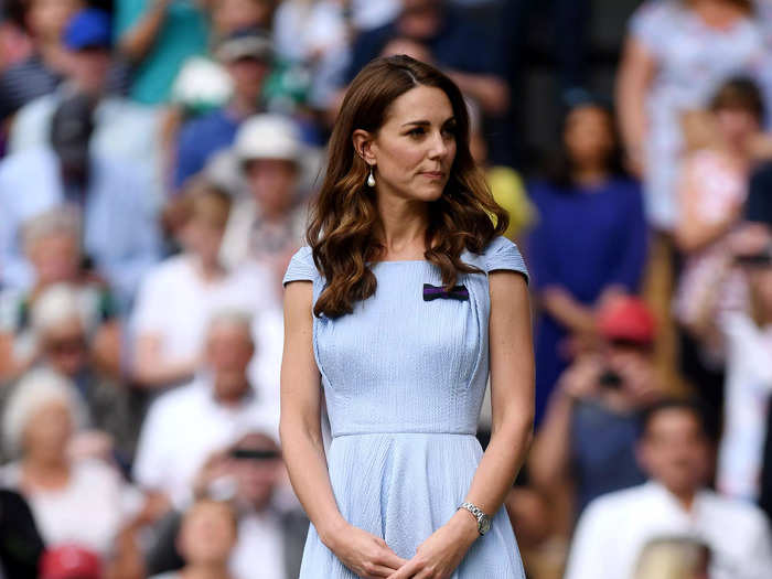 2019: The duchess channeled Cinderella in a floaty $1,740 Emilia Wickstead gown to present Novak Djokovic with his fifth Wimbledon title trophy.