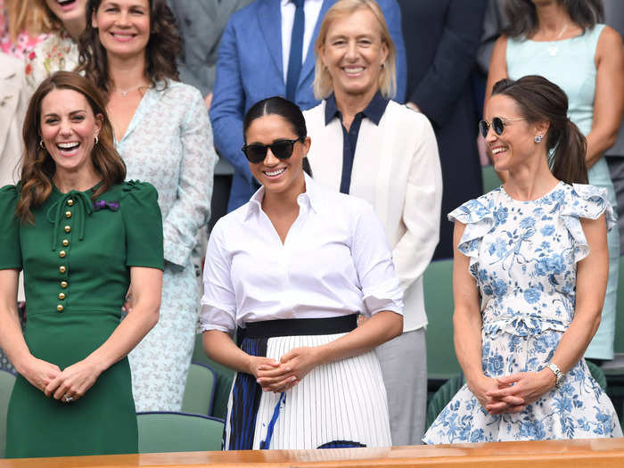 2019: Middleton wore a button-down emerald Dolce & Gabbana dress for an appearance in the Royal Box with Markle and her sister, Pippa Middleton.